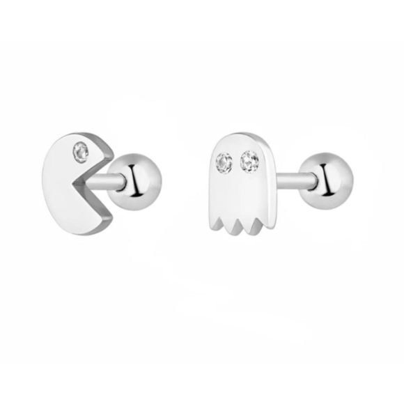 NEW Mismatch 14k White Gold Diamond Accent Pac-Man and Ghost Stud‎ Earrings - Picture 6 of 9